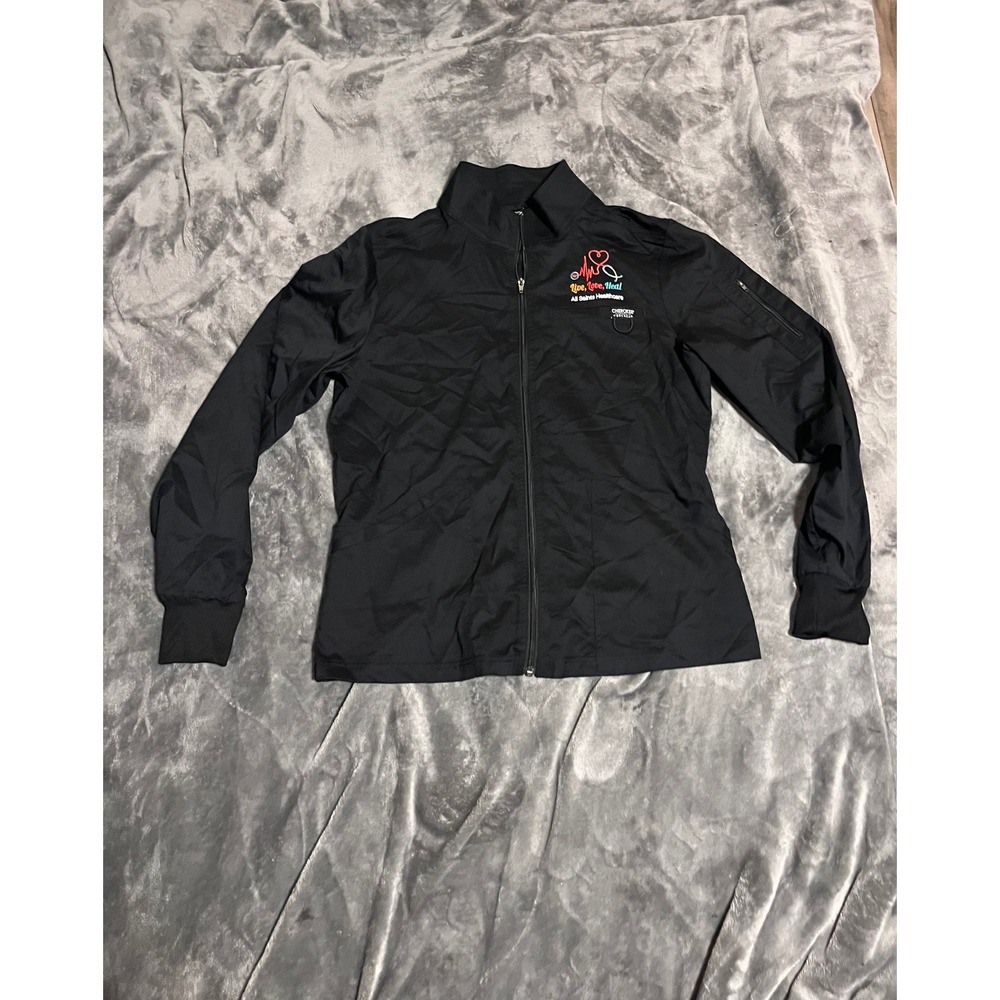 Cherokee Workwear Revolution Scrub Jacket Black Live Love Heal Womens Medium